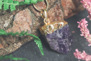 Raw Amethyst Gold Dipped Pendant - ForageDesign