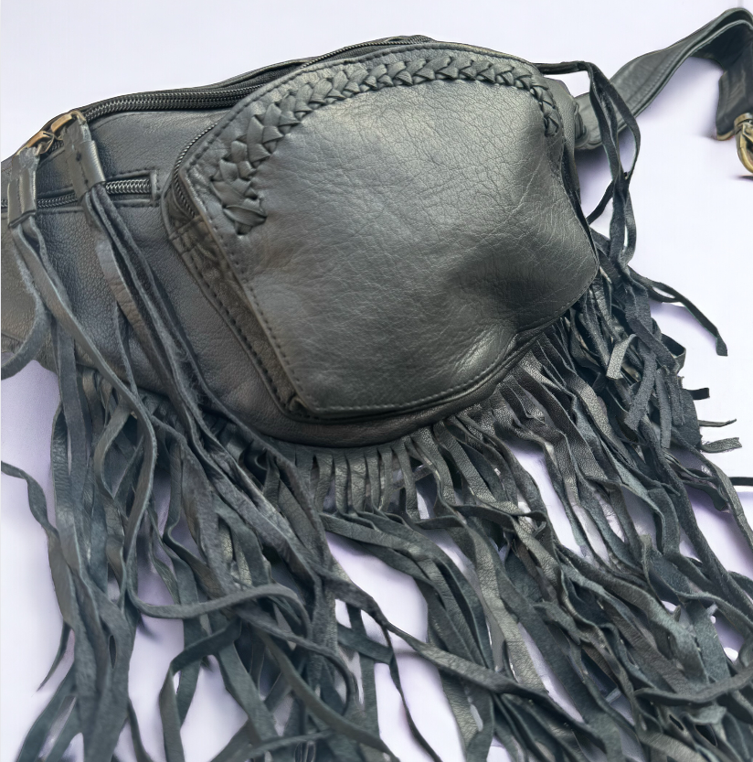 Black Leather selling Fringe Purse Belt Bag