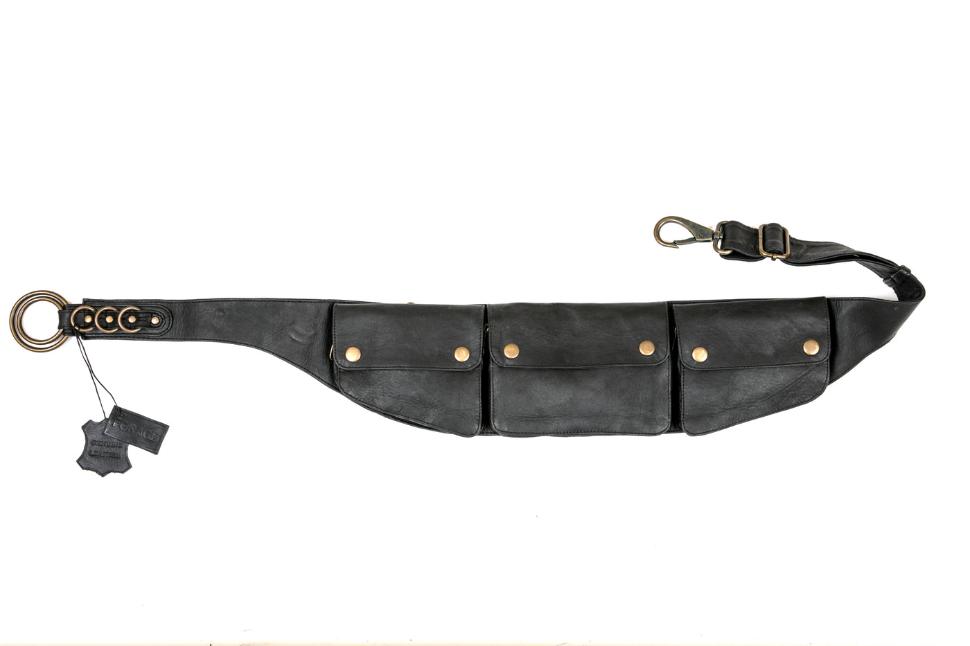 Long Leather Three Pocket Belt - Black