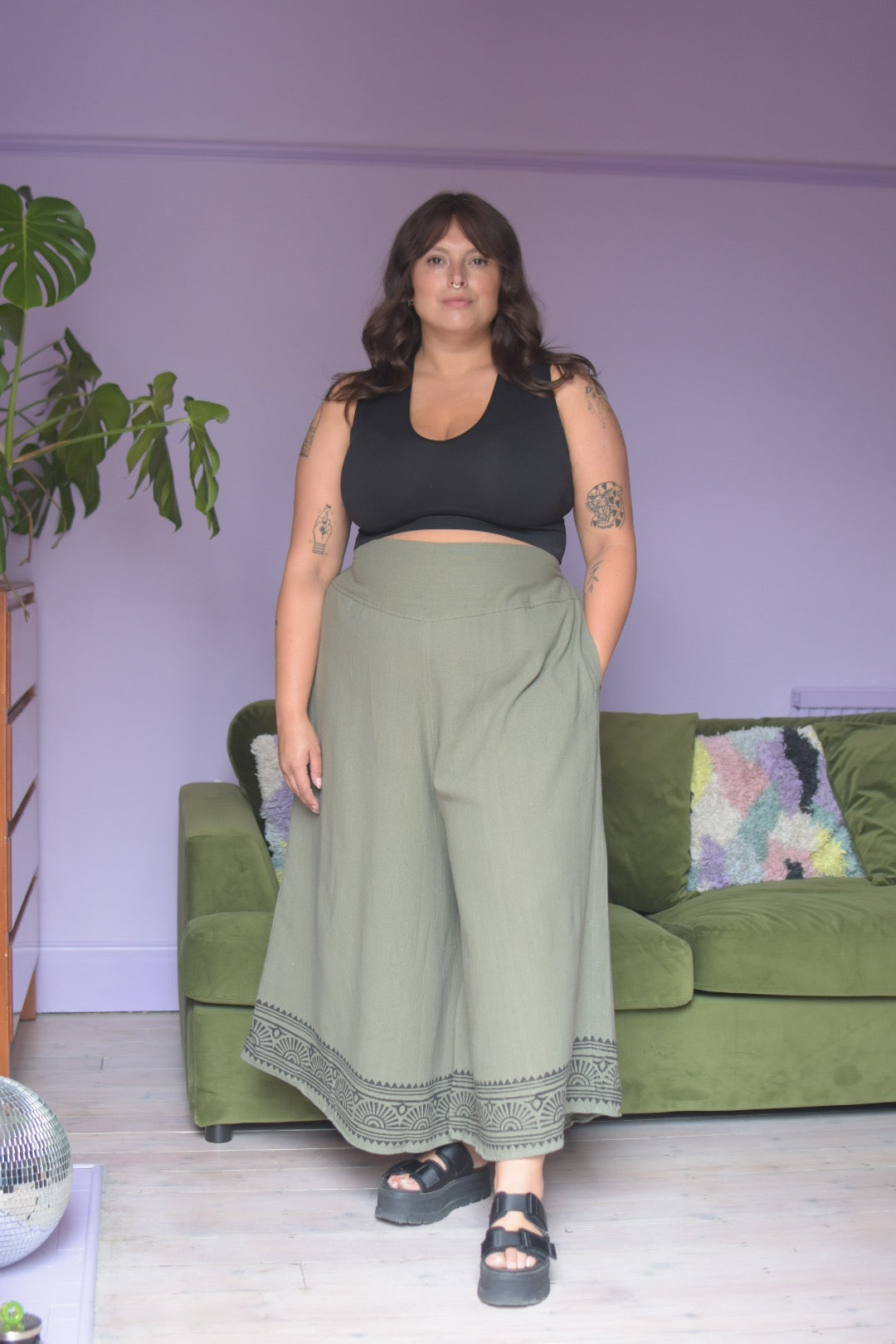 Ex Display | Raw Cotton Wide Leg Trousers | Sage