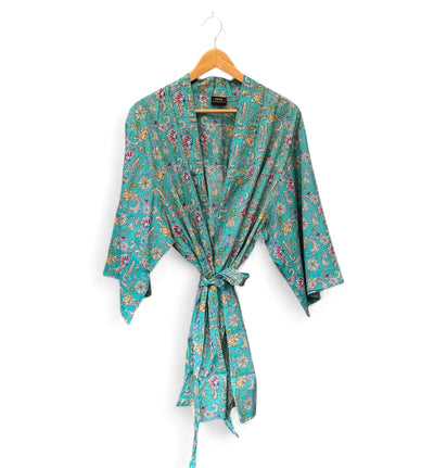 Short Cotton Botanical Robe | Teal Meadow