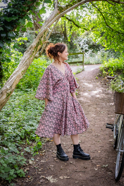 Thalia Dress | Block Print Cotton | Grey & Pink Marigold