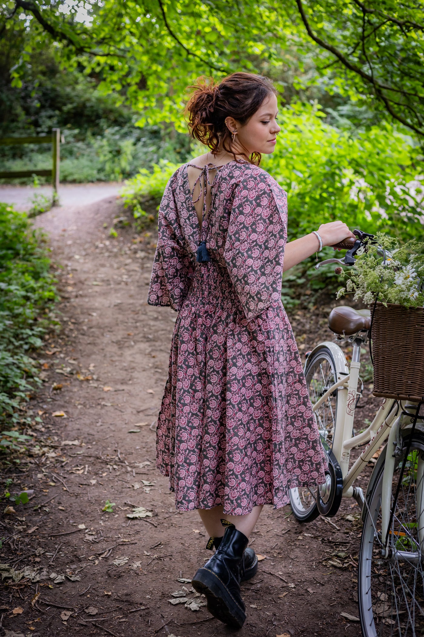 Thalia Dress | Block Print Cotton | Grey & Pink Marigold