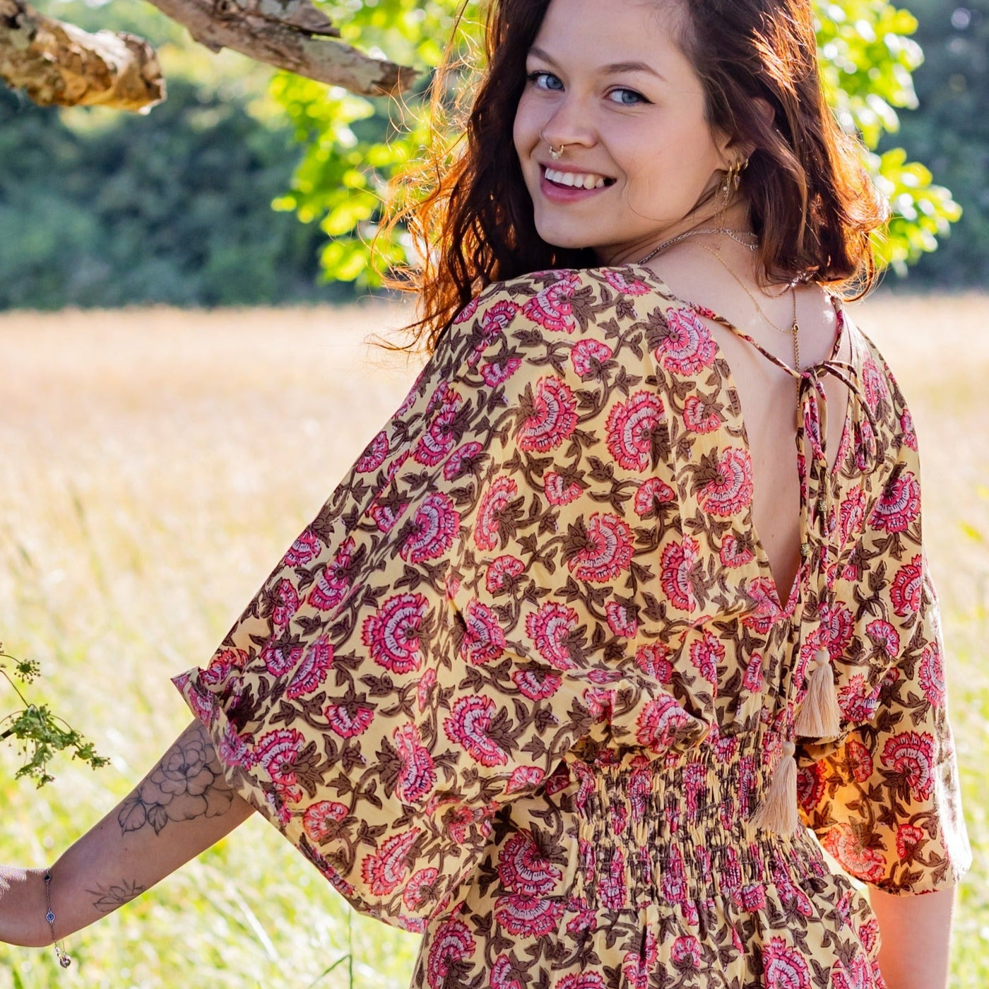 Thalia Dress | Block Print Cotton | Sunshine Peony