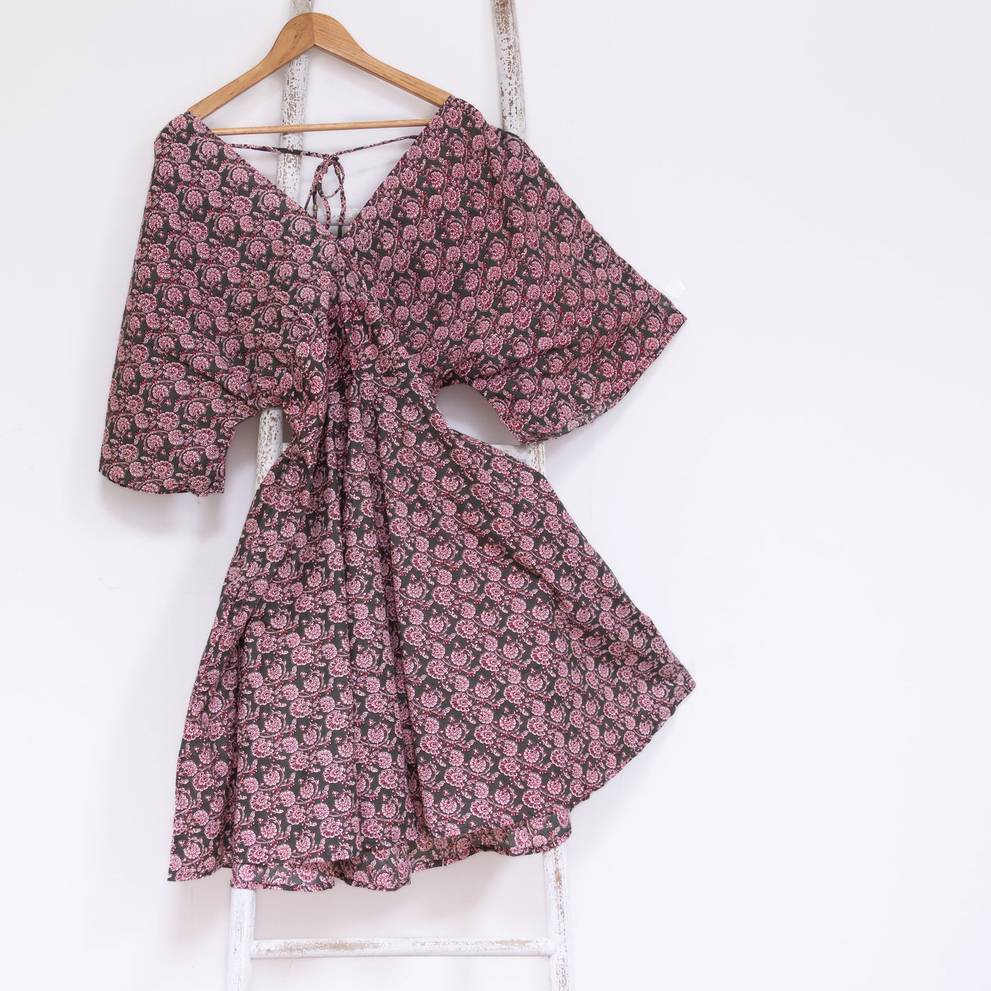 Thalia Dress | Block Print Cotton | Grey & Pink Marigold