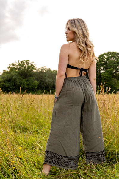 Ex Display | Raw Cotton Wide Leg Trousers | Sage