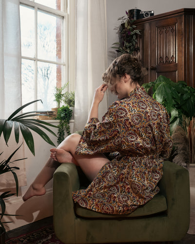 Short Cotton Botanical Robe | Mustard Meadow