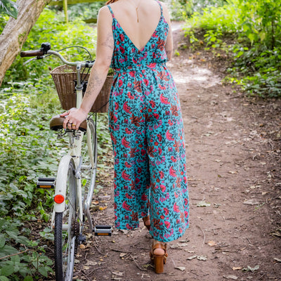 Wide Leg Jumpsuit | Block Print Cotton | Brilliant Blue