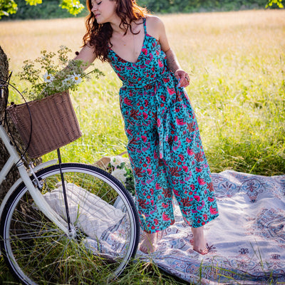 Wide Leg Jumpsuit | Block Print Cotton | Brilliant Blue