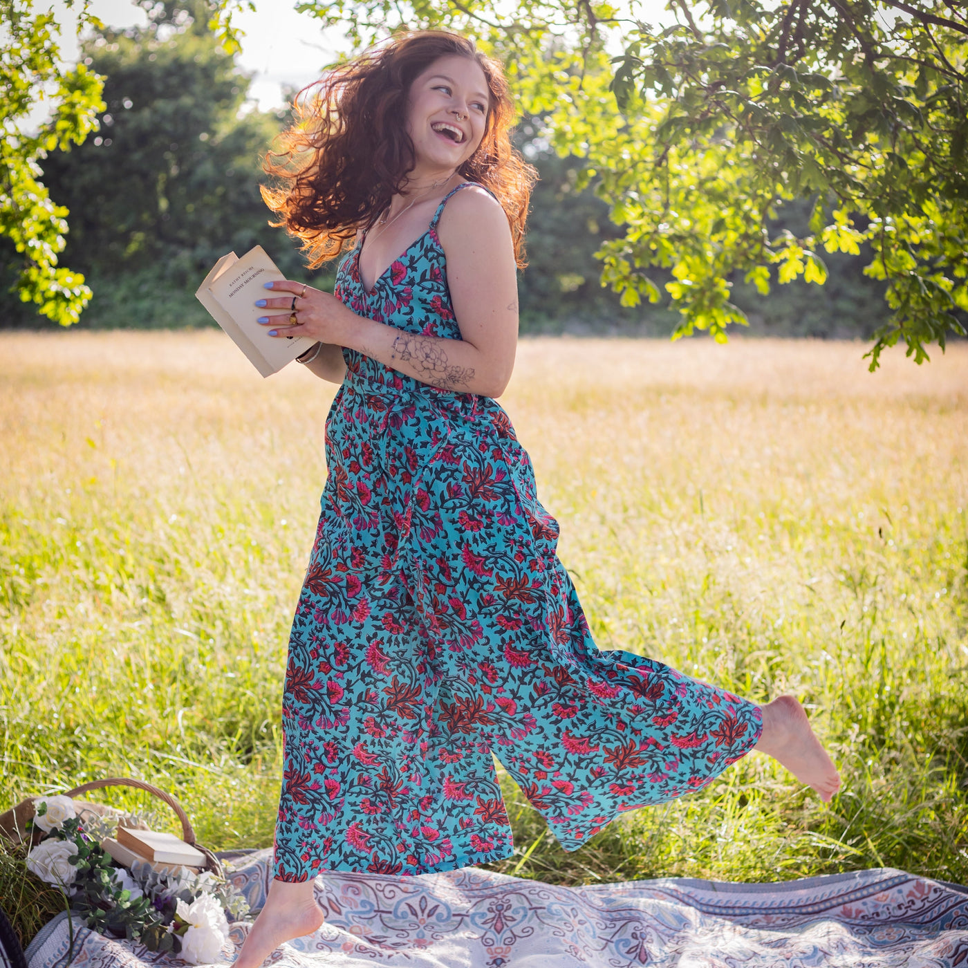 Wide Leg Jumpsuit | Block Print Cotton | Brilliant Blue