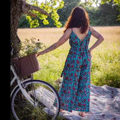 Wide Leg Jumpsuit | Block Print Cotton | Brilliant Blue