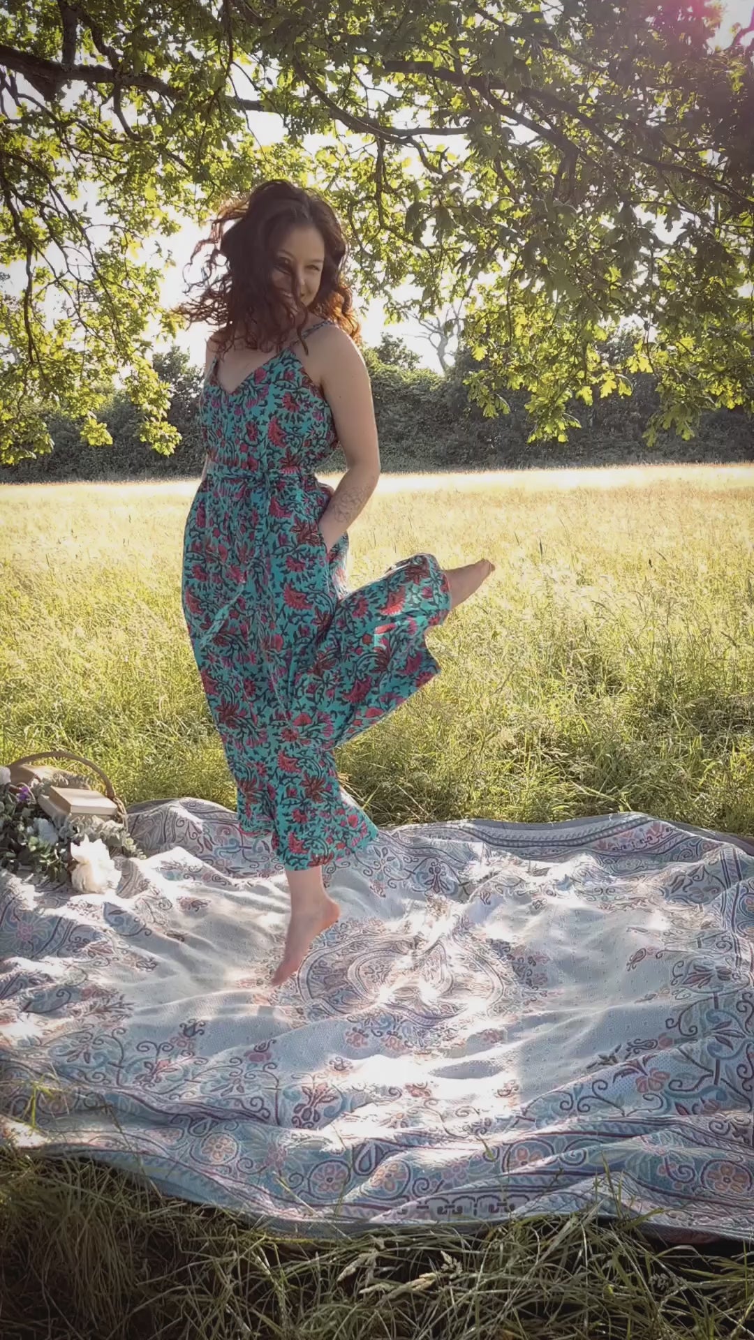 Wide Leg Jumpsuit | Block Print Cotton | Brilliant Blue