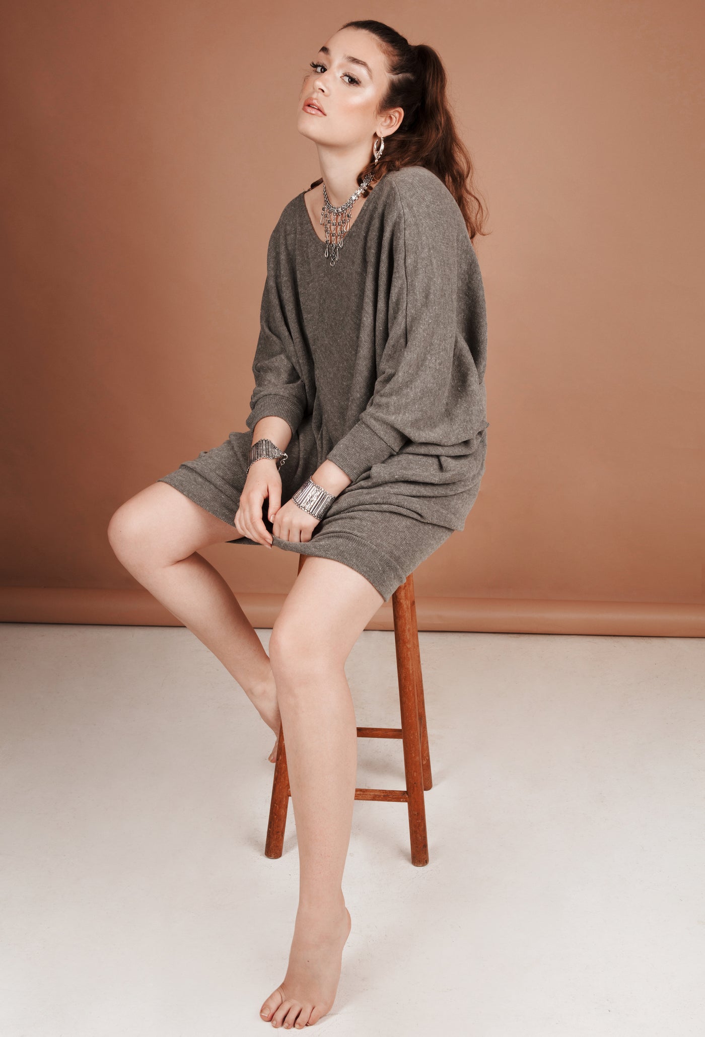 Oversized Drop Shoulder Jumper Dress - Grey - ForageDesign