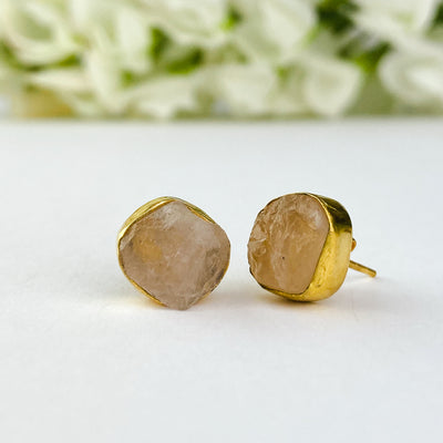 18k Gold Plated Studs | Raw Rose Quartz - ForageDesign