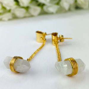 18k Gold Plated Chain Earrings | Raw Moonstone Point - ForageDesign