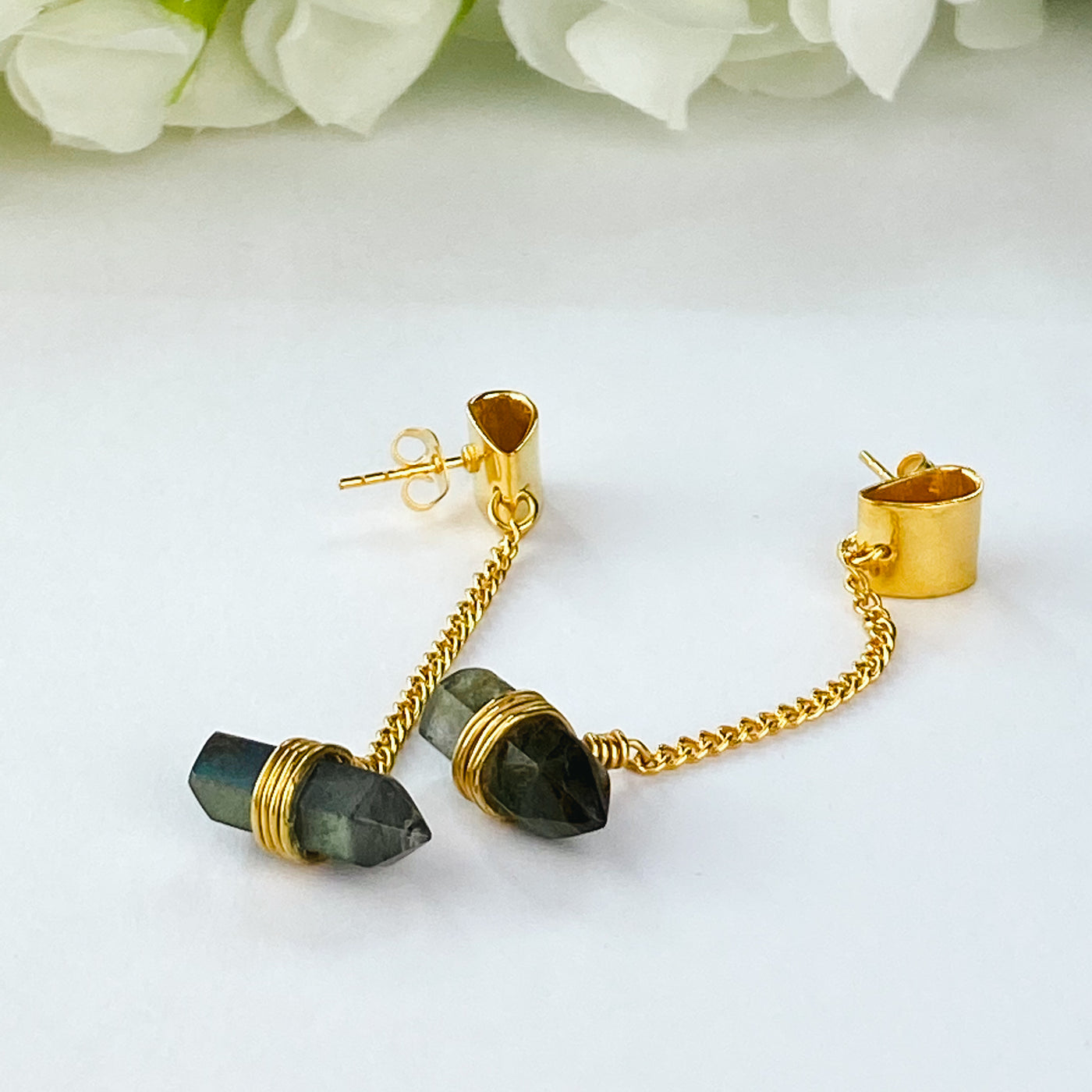 18k Gold Plated Chain Earrings | Labradorite Point - ForageDesign