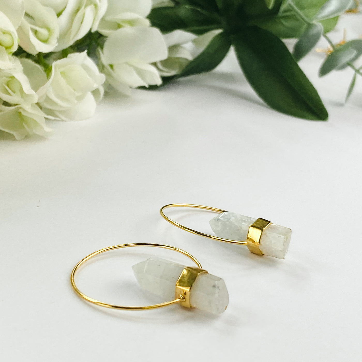 18k Gold Plated Hoops | Raw Moonstone Point - ForageDesign