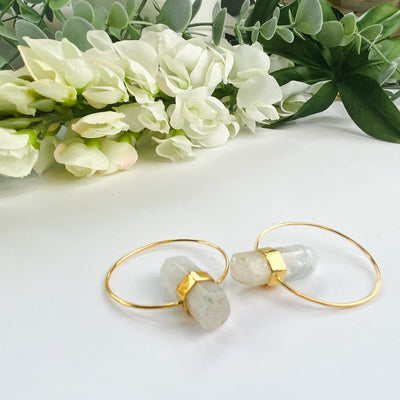 18k Gold Plated Hoops | Raw Moonstone Point - ForageDesign