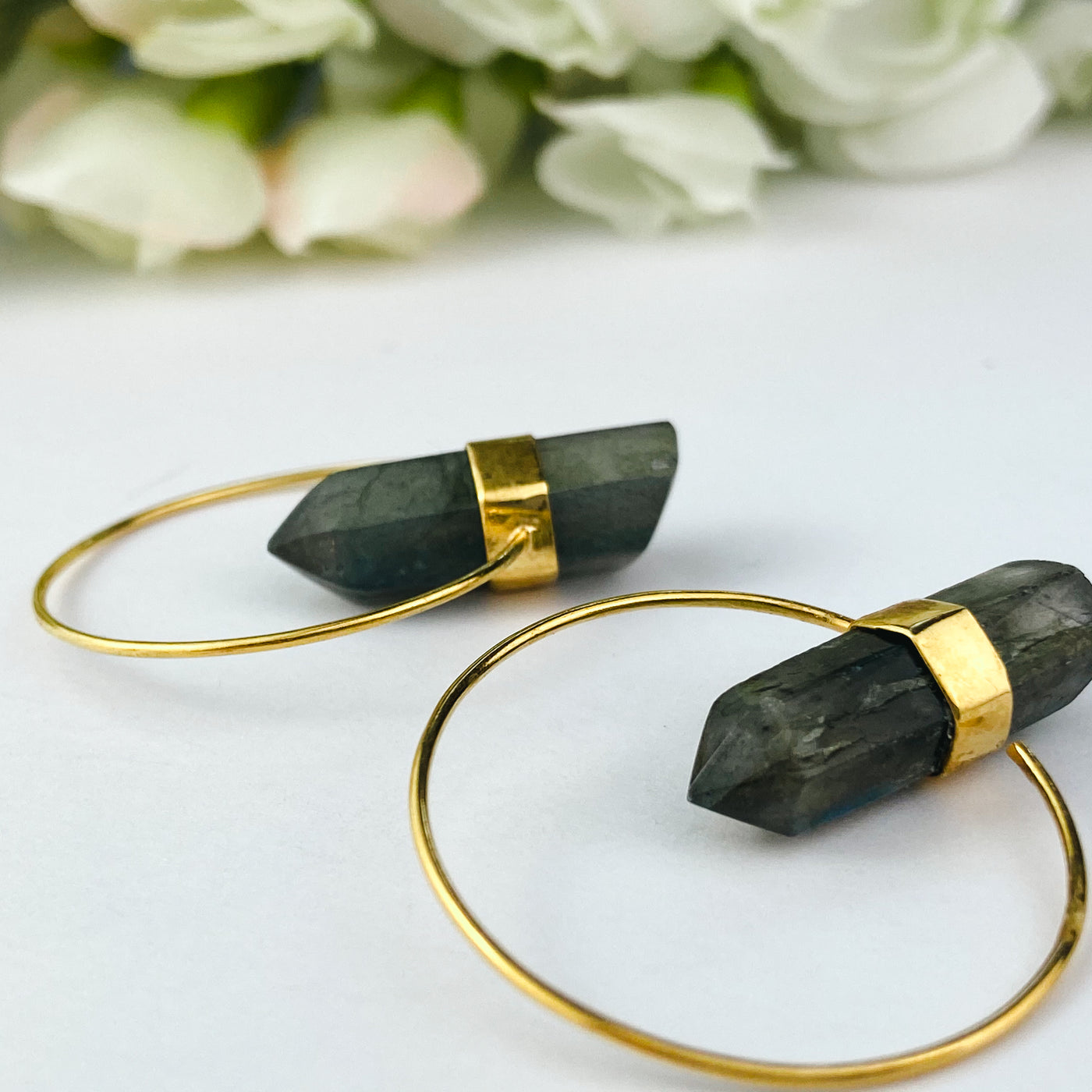 18k Gold Plated Hoops | Labradorite Point - ForageDesign