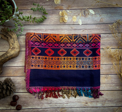 Tibetan Blanket Scarf - Navy Pink - ForageDesign