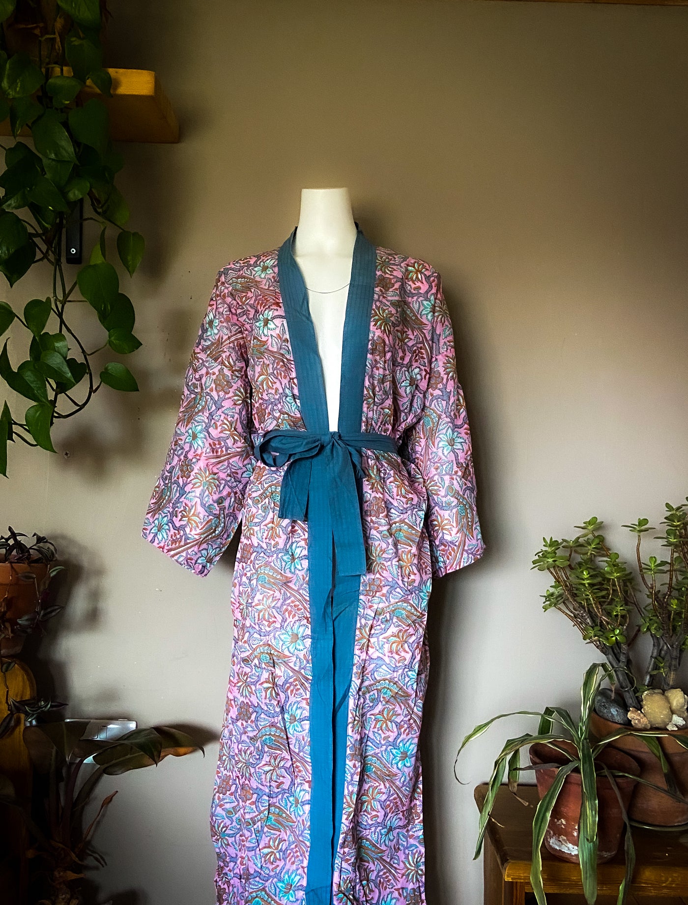 Long Botanical Block Print Kimono - Rose - ForageDesign
