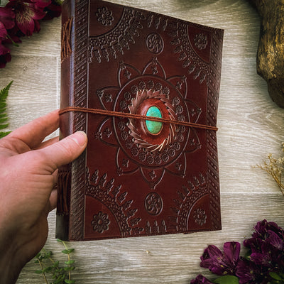 Large Leather Bound Book with Gemstone - ForageDesign
