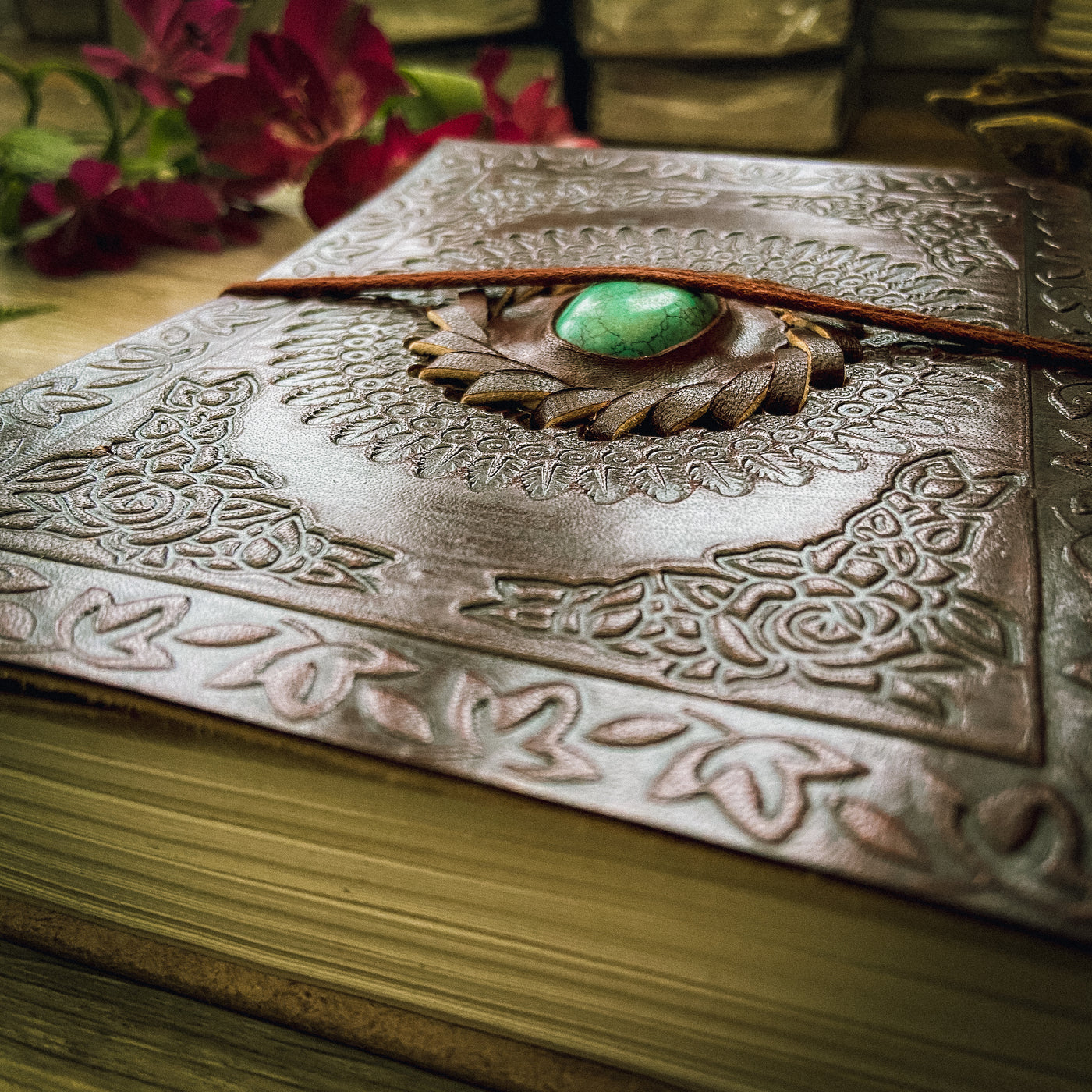 Large Leather Bound Book with Gemstone - ForageDesign