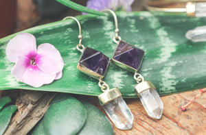 Quartz Crystal and Amethyst Pyramid Earrings - ForageDesign