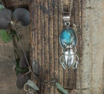 Silver June Beetle & Labradorite Pendant - ForageDesign