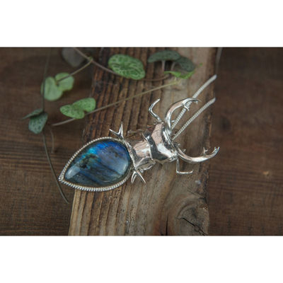 Silver Stag Beetle Pendant | Lower Grade Stones - ForageDesign