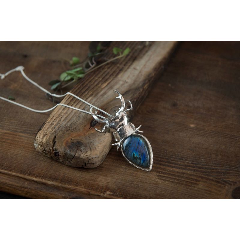Silver Stag Beetle Pendant | Lower Grade Stones - ForageDesign